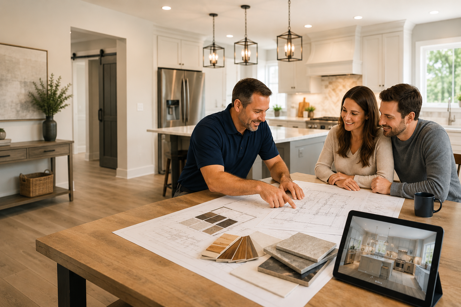 Homeowners reviewing remodeling plans with a professional
